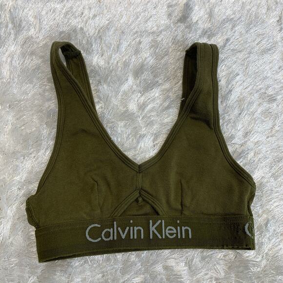 Calvin Klein Army Green Cotton Sports Bra Front Cut Out Sz Small - Picture 1 of 4